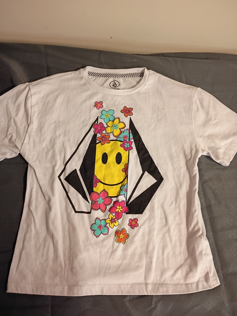 Volcom White Tee with Yellow Smiley and Multicolor Flowers
